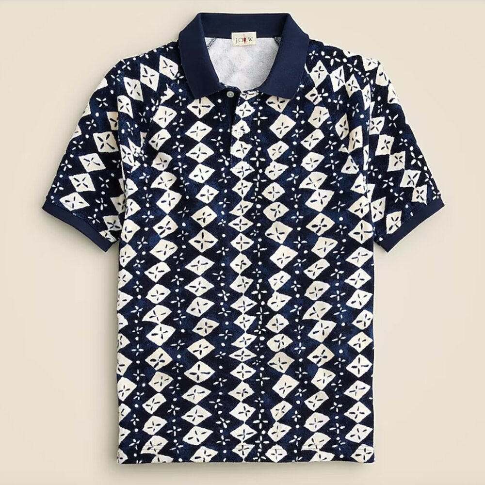 J. Crew Navy and White Geometric Print Polo